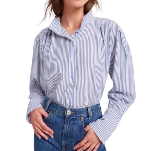 Frame Denim Tops - Frame Denim Pleated Clean Collar Blouse Navy Multi Blue White Stripe size Large